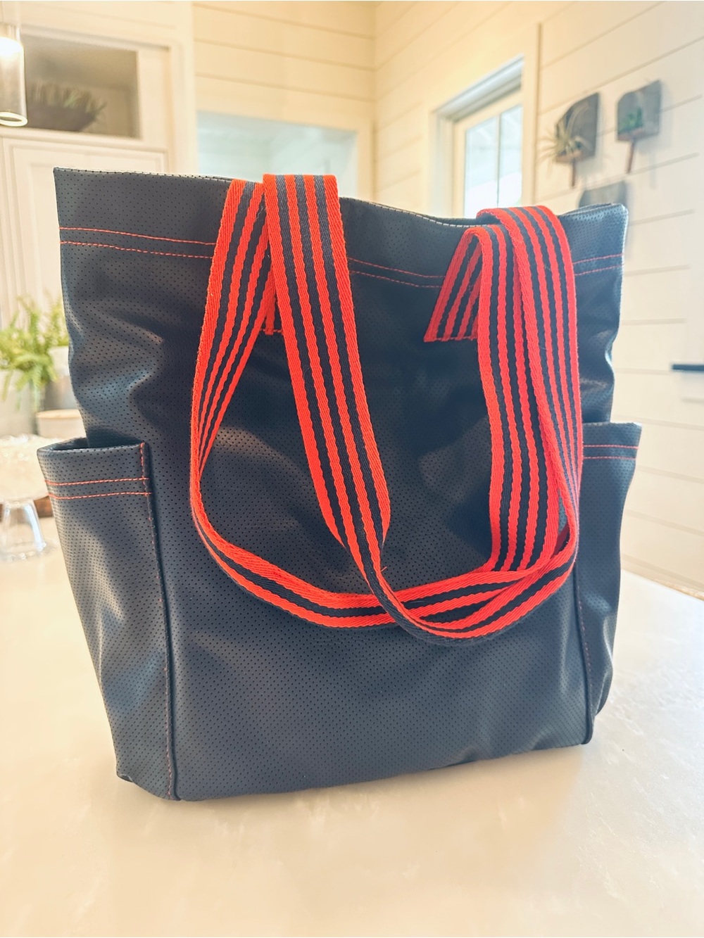 Universal Threads Navy Tote Bag with Red Striped Handles